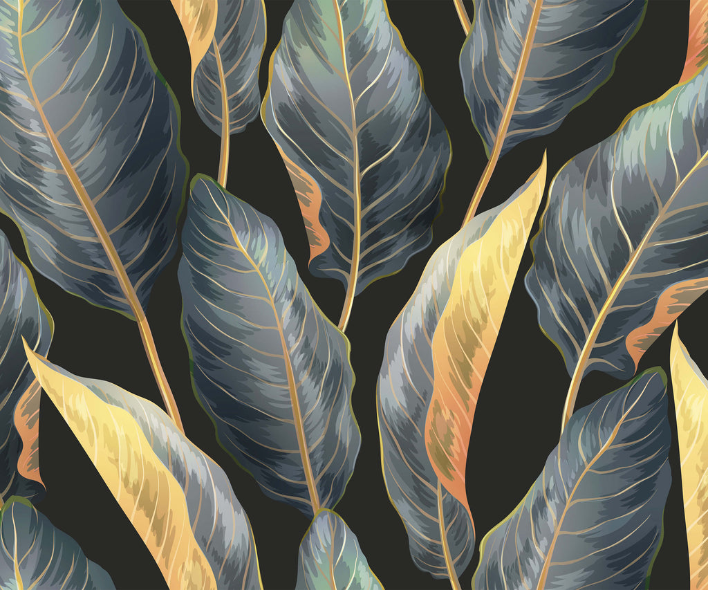 Pattern of stylized leaves with gold and blue tones on a black background