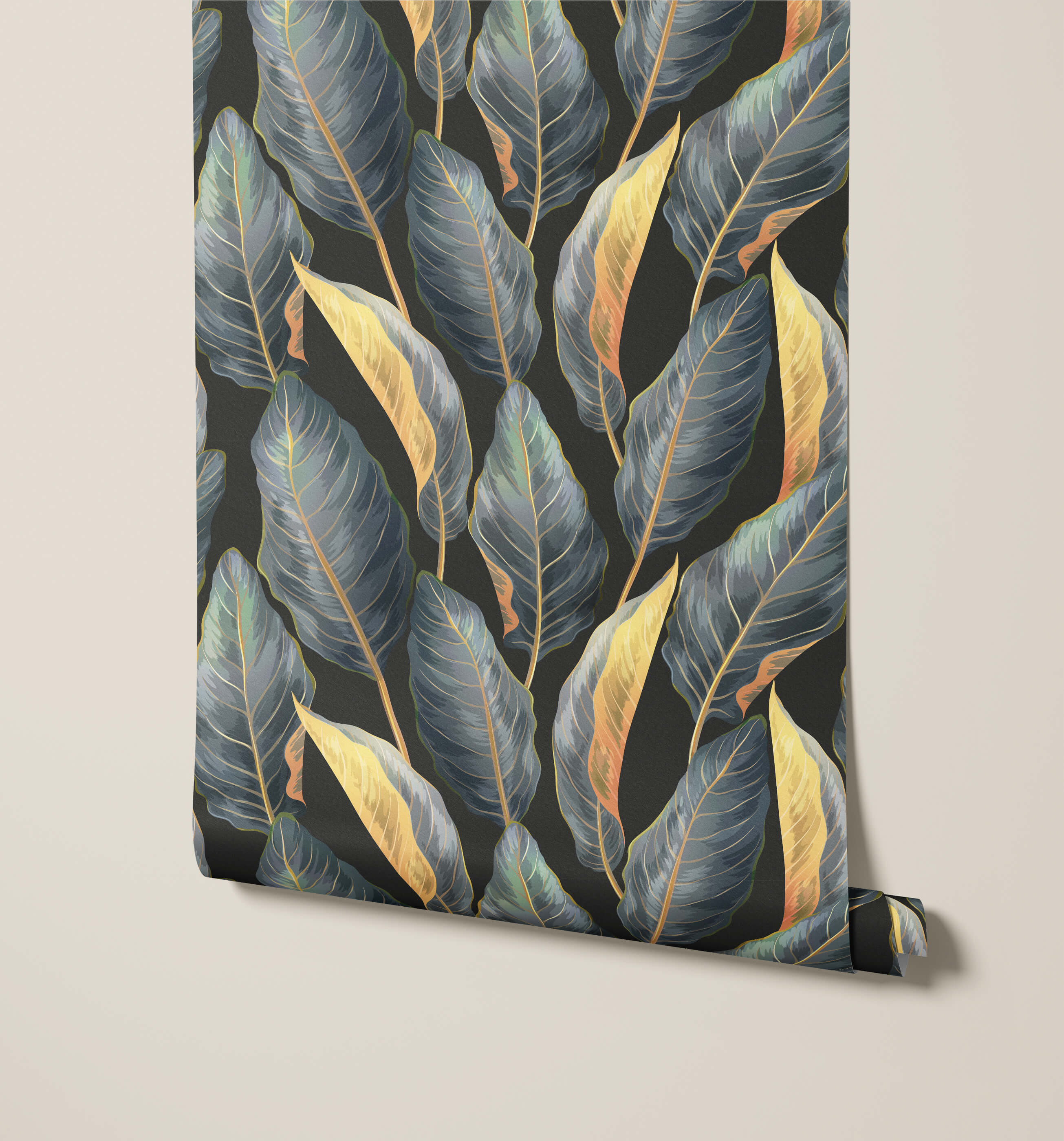 Roll of wallpaper with a leaf pattern on a dark background