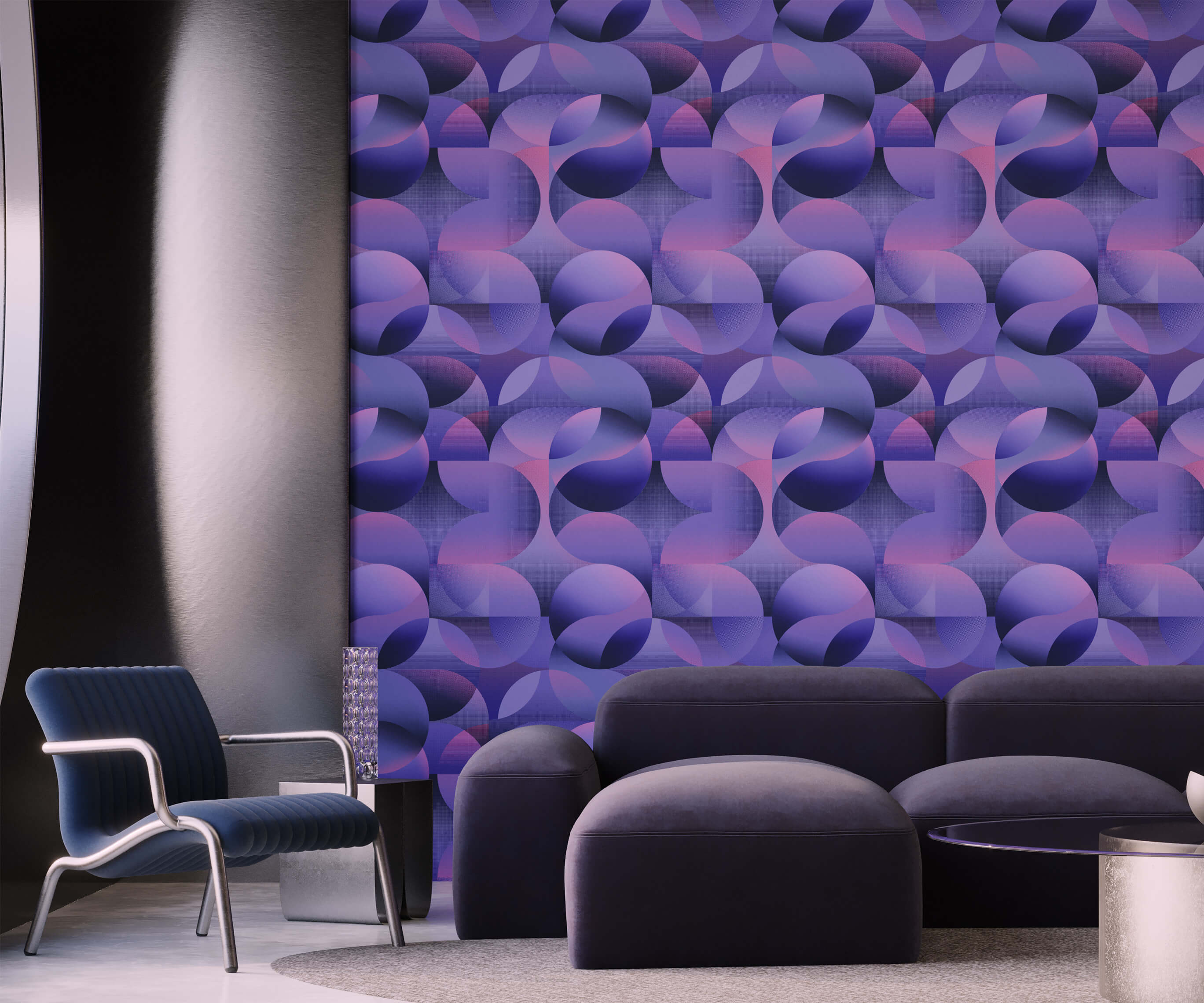 Modern living room with a purple abstract patterned wall, dark gray sofa, and blue chair.