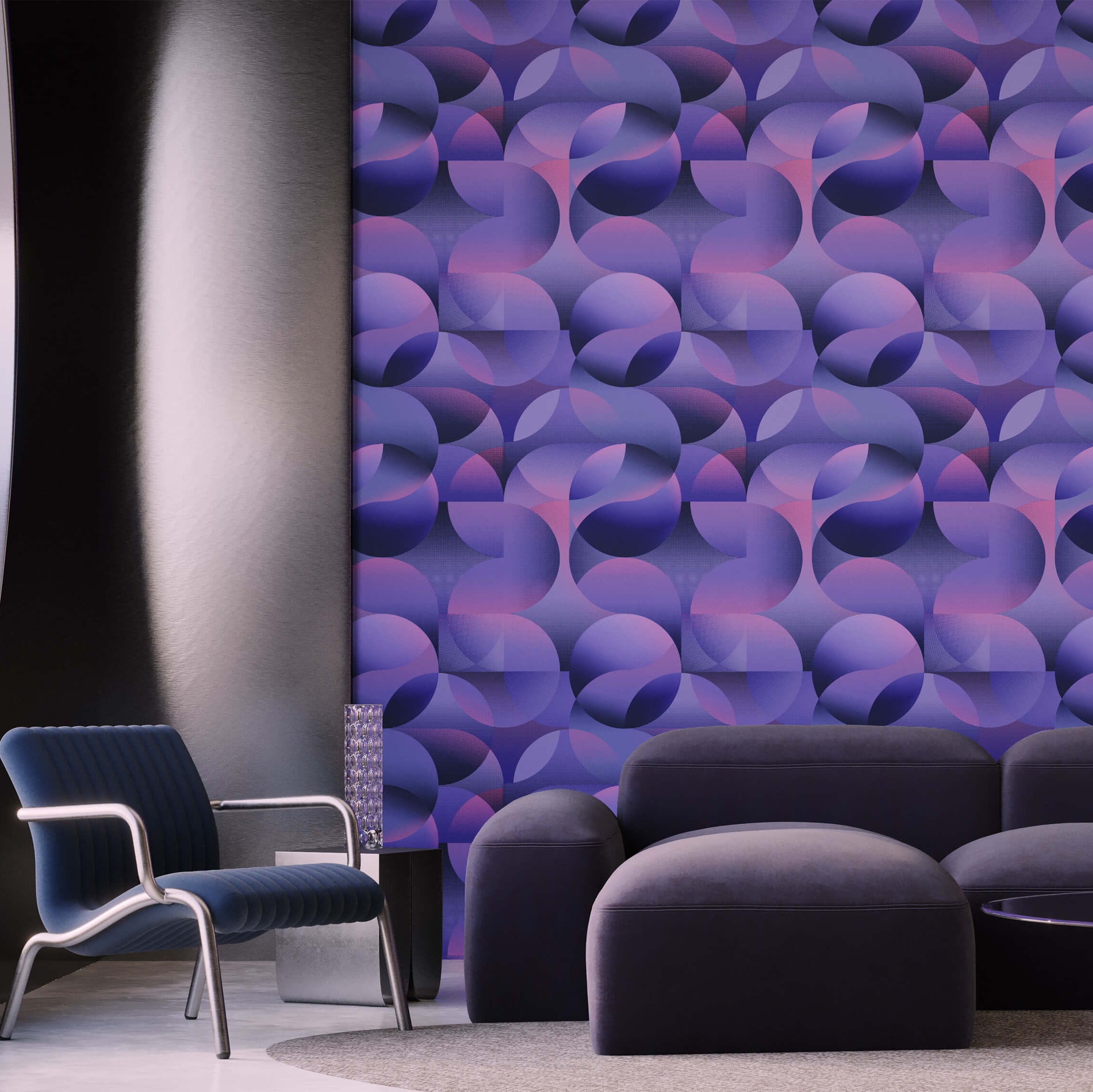 Modern living room with a purple abstract patterned wall, dark gray sofa, and blue chair.