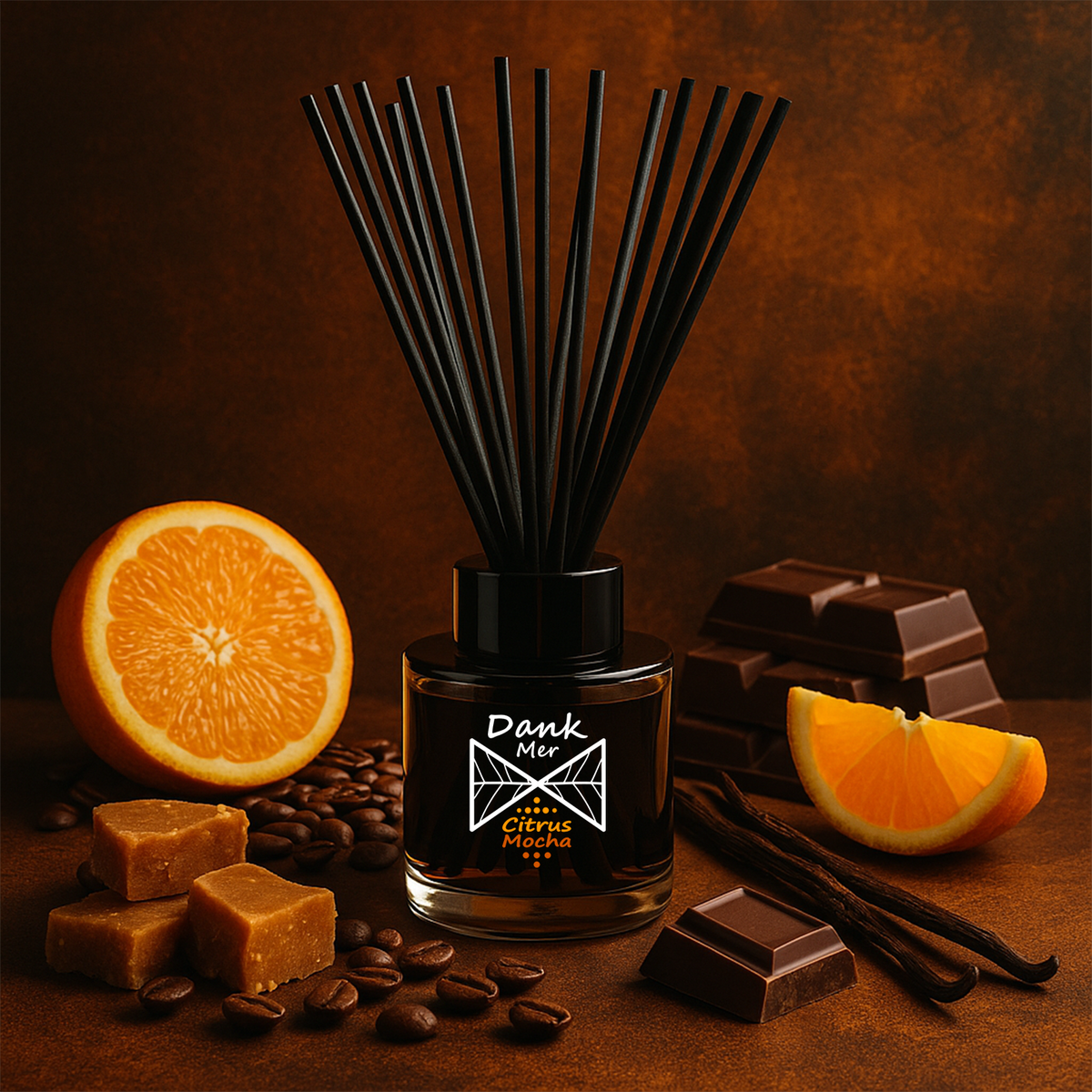 Diffuser with reeds, oranges, chocolate, and coffee beans on a dark background