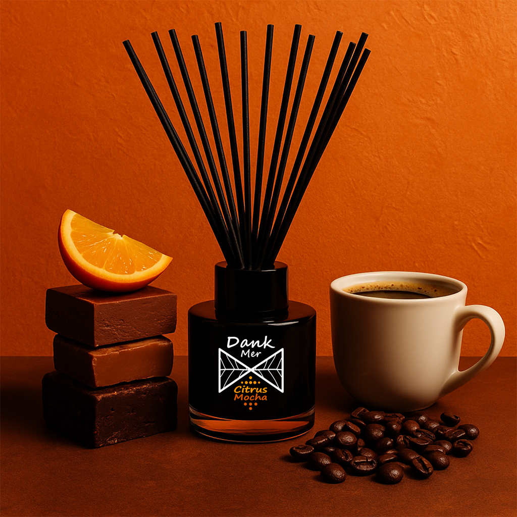 Diffuser with reeds, orange slice, chocolate bars, coffee cup, and coffee beans on an orange background