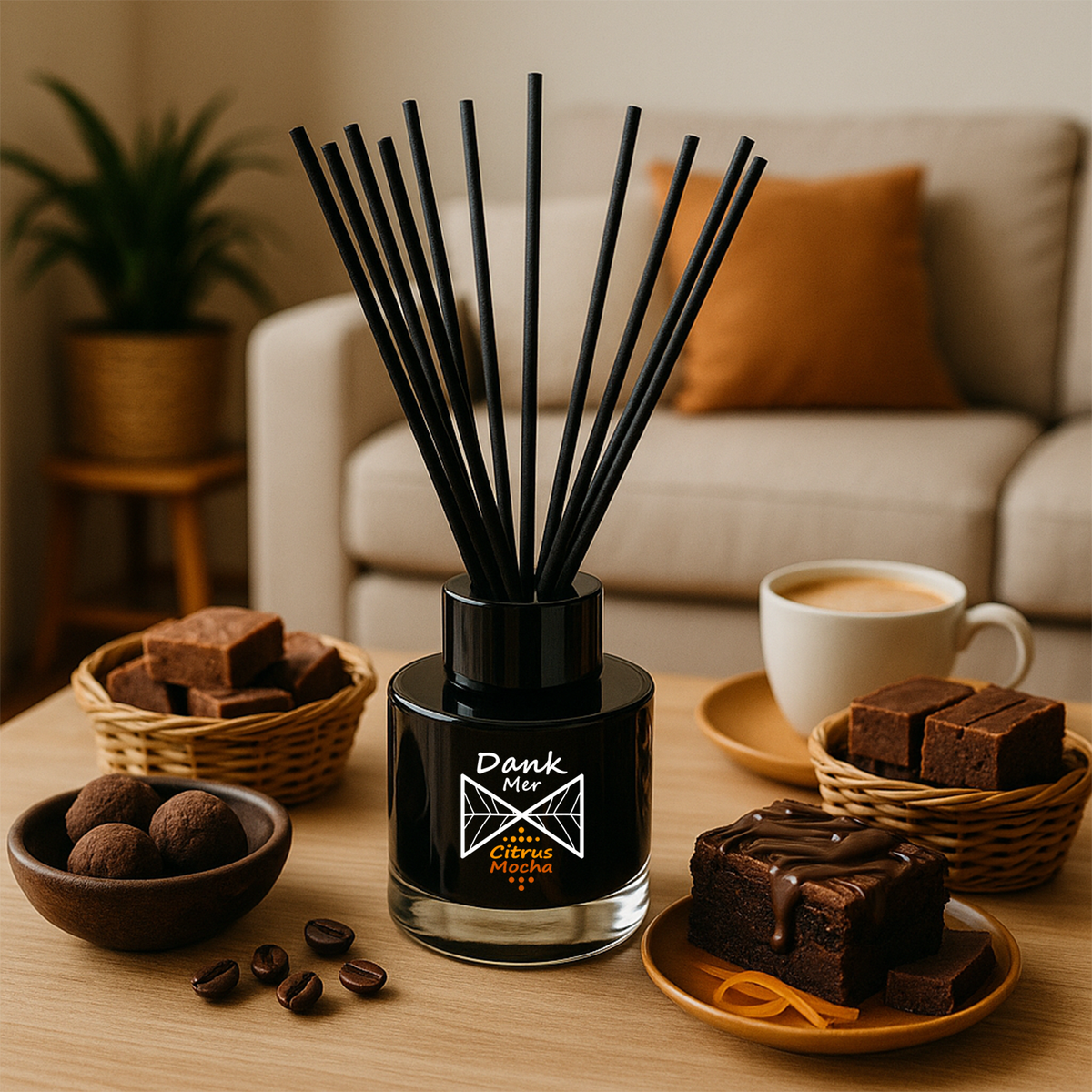 Diffuser with black sticks on a table with brownies and coffee in a cozy living room setting
