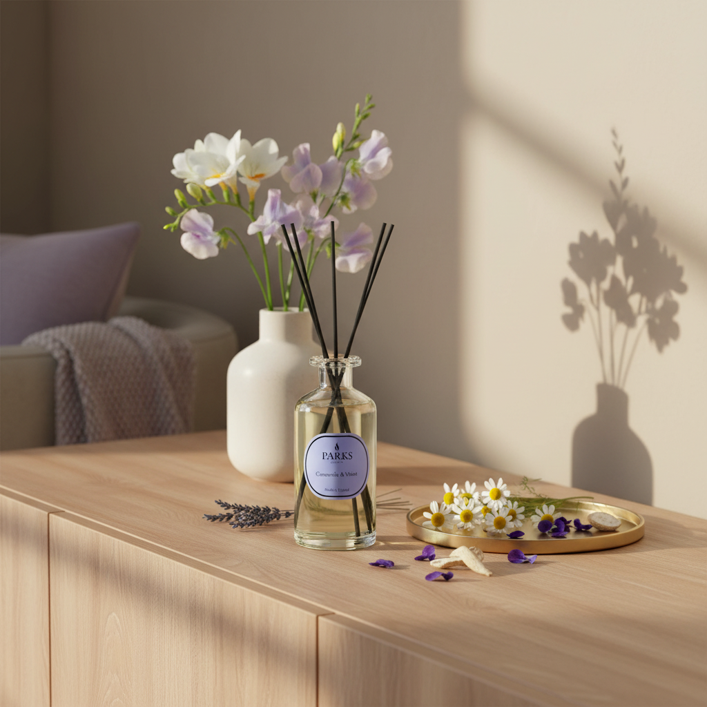 A diffuser bottle with flowers on a wooden surface in a softly lit room.