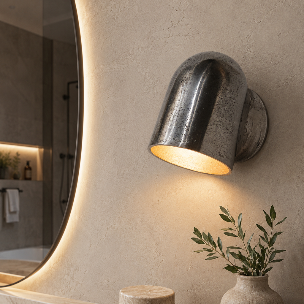 Modern wall-mounted light fixture on a textured wall with a plant and mirror in the background.