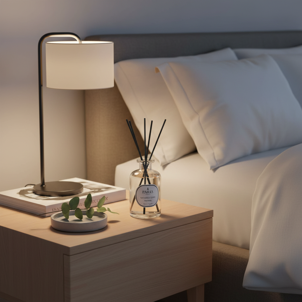 Bedroom nightstand with lamp, diffuser, and plant