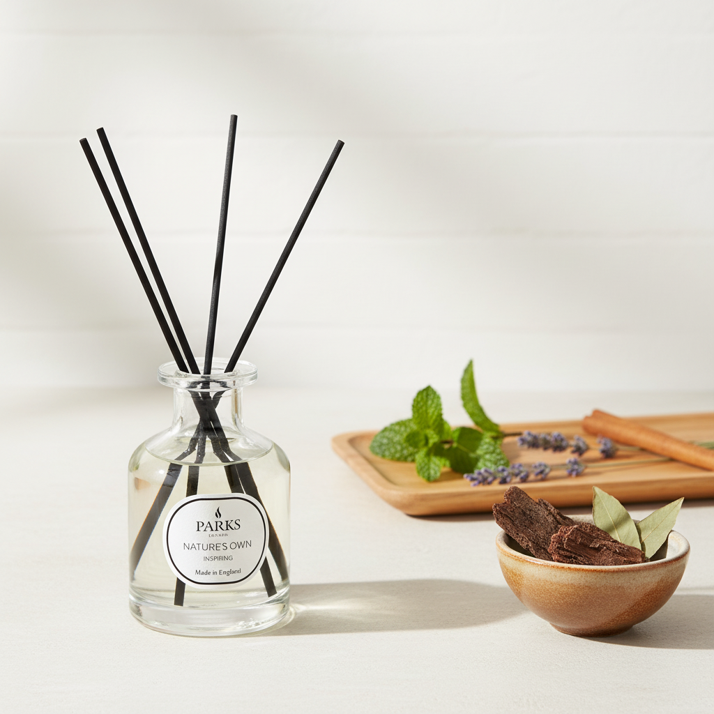 Reed diffuser with black sticks in a glass bottle on a white surface, with a wooden tray of lavender and cinnamon in the background.
