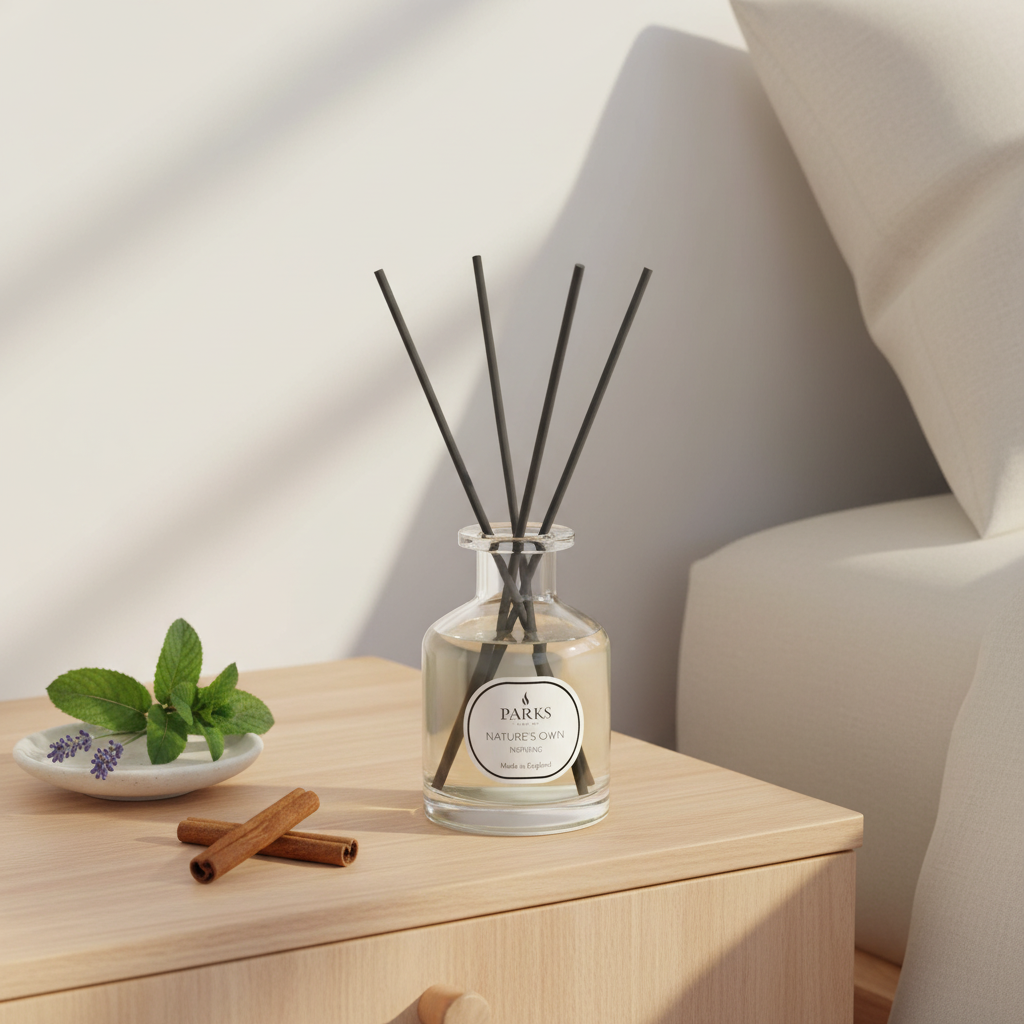 Diffuser with reeds on a wooden surface next to a plate with leaves and cinnamon sticks, against a neutral background.