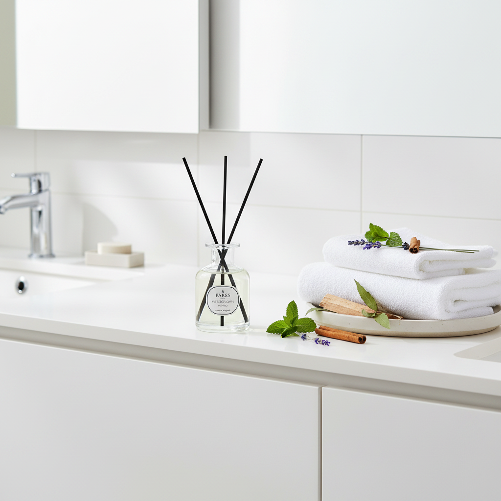 Bathroom counter with towels, diffuser, and decorative items on a white tiled wall background