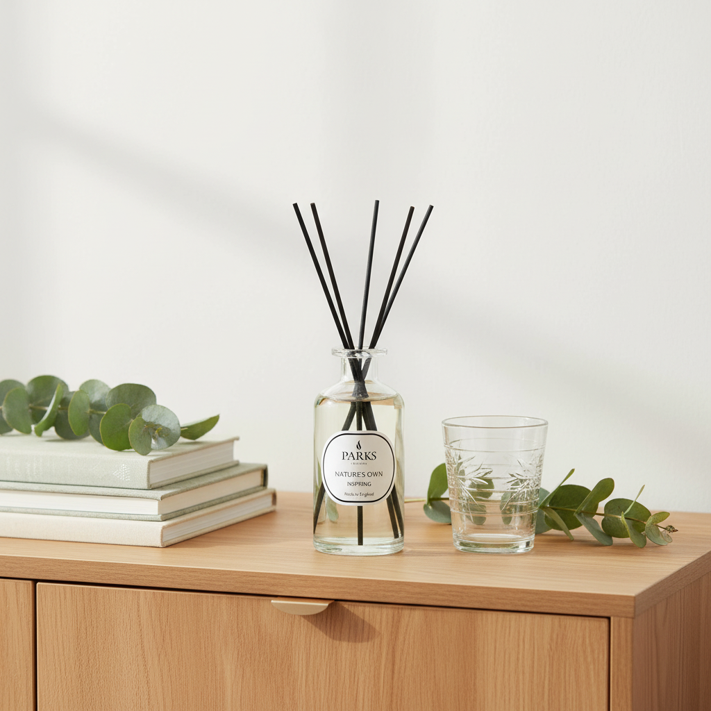 Reed diffuser with black sticks on a wooden surface with books and a glass.