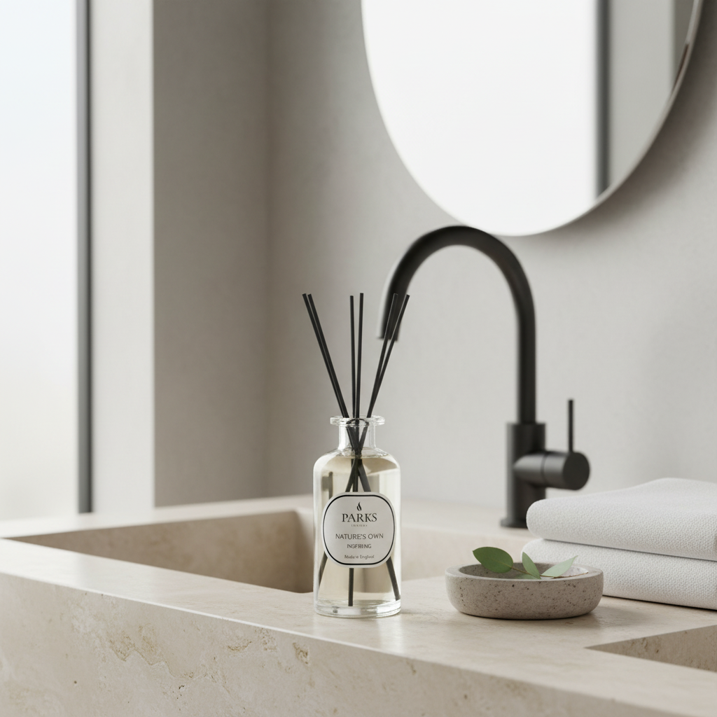 Bathroom setting with a diffuser bottle labeled 'PARKS' on a countertop.