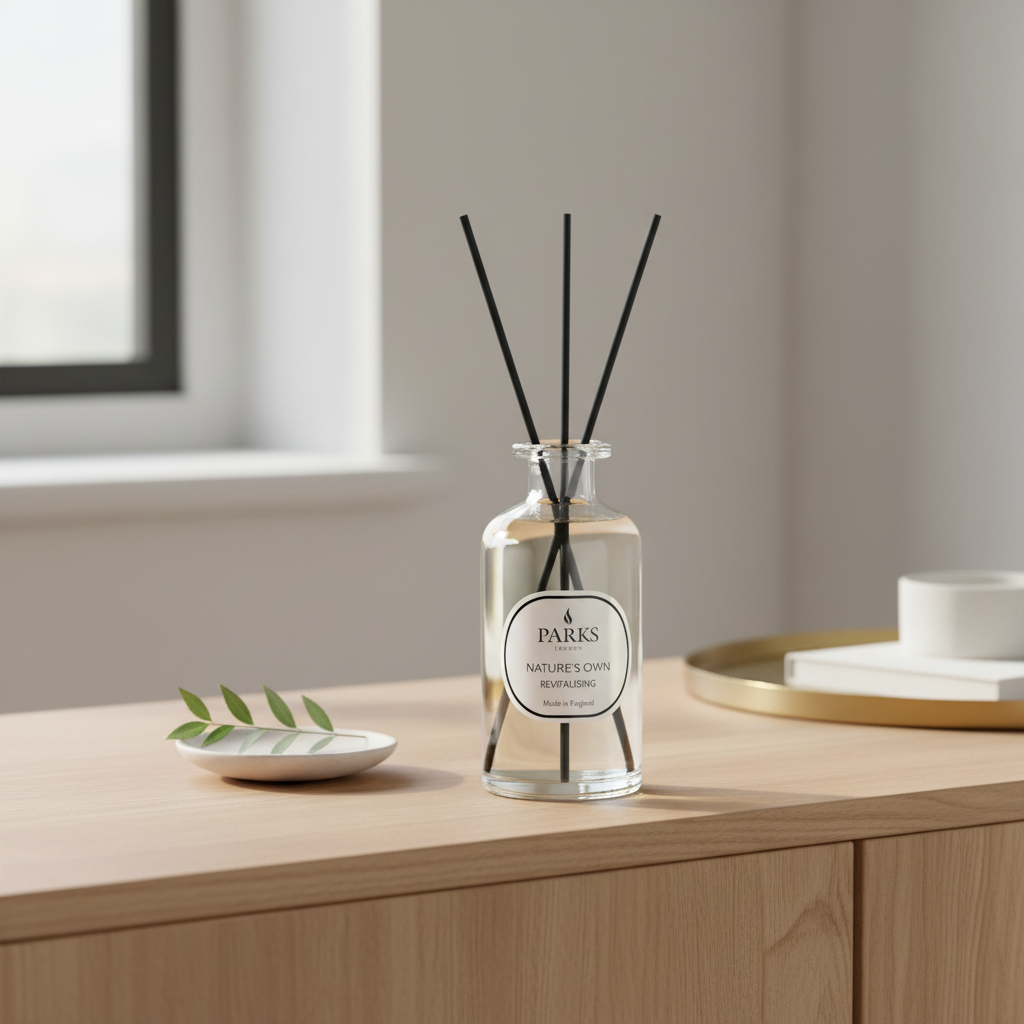 Parks diffuser bottle with black sticks on a wooden surface near a window