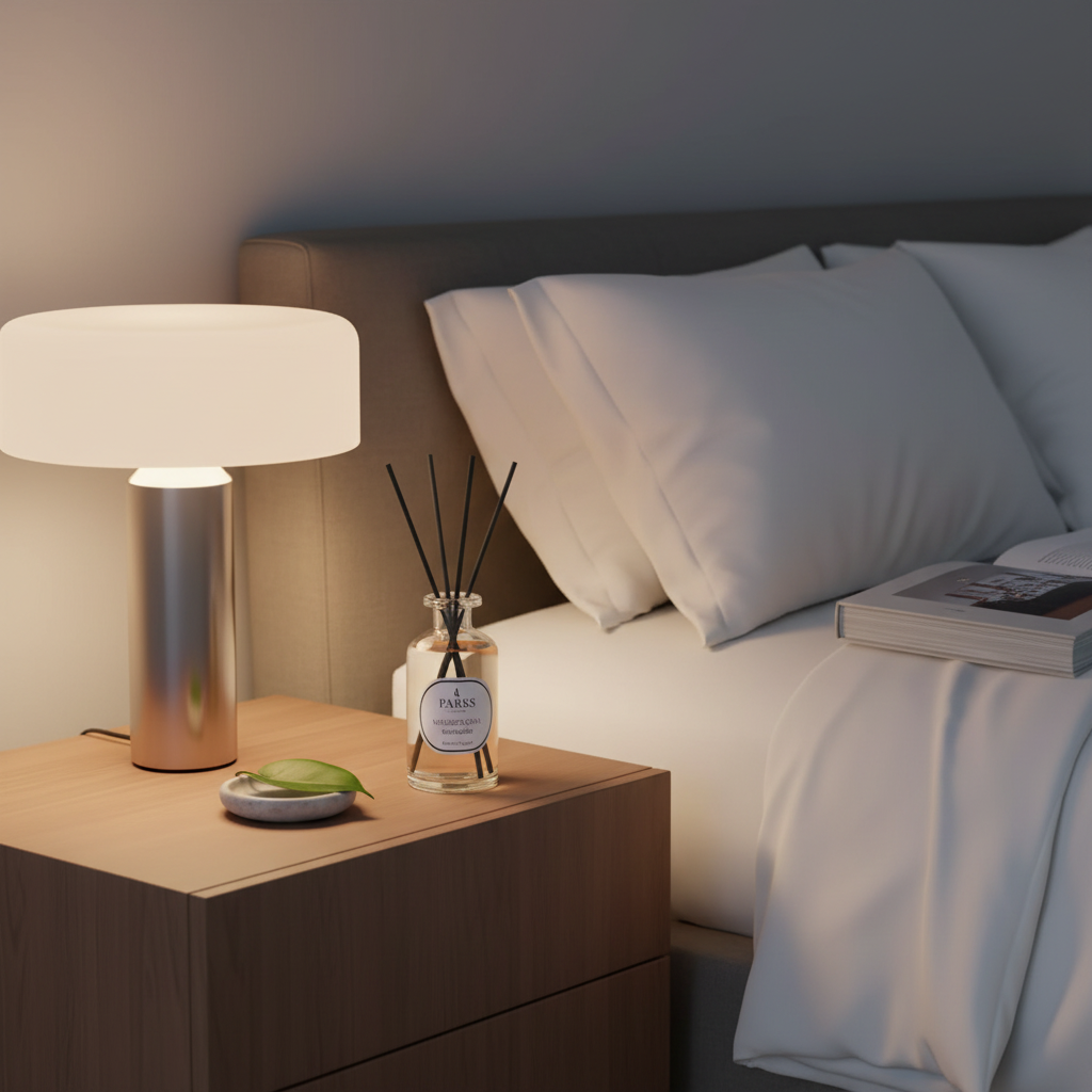Bedroom nightstand with lamp, diffuser, and book next to a bed