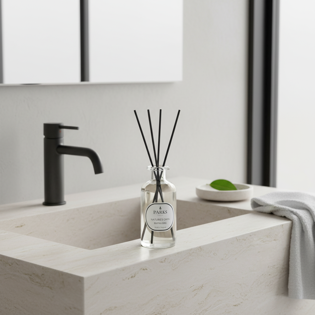 Bottle of diffuser on a bathroom counter with a black faucet and white sink.