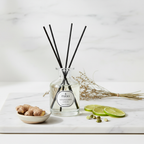 Diffuser bottle with black sticks on a marble surface with ginger and limes.