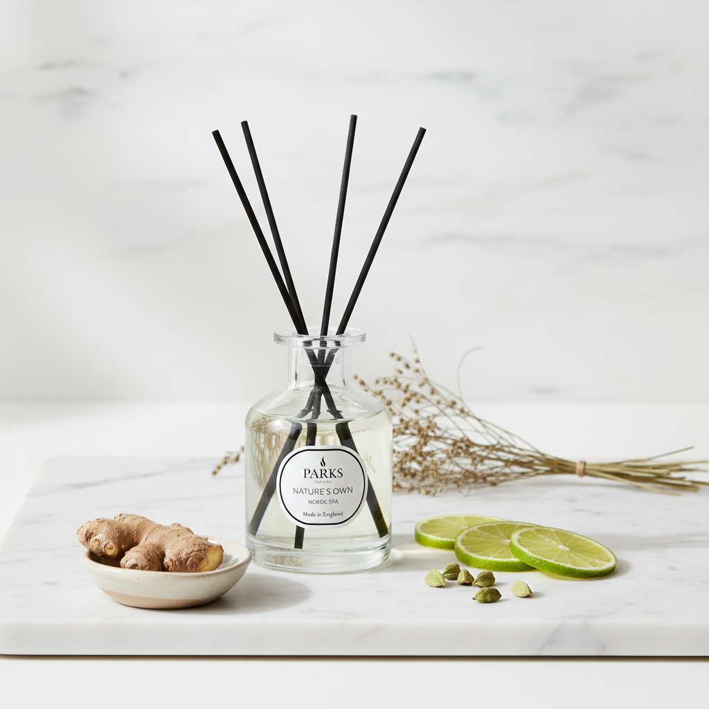 Diffuser bottle with black sticks on a marble surface with ginger and limes.
