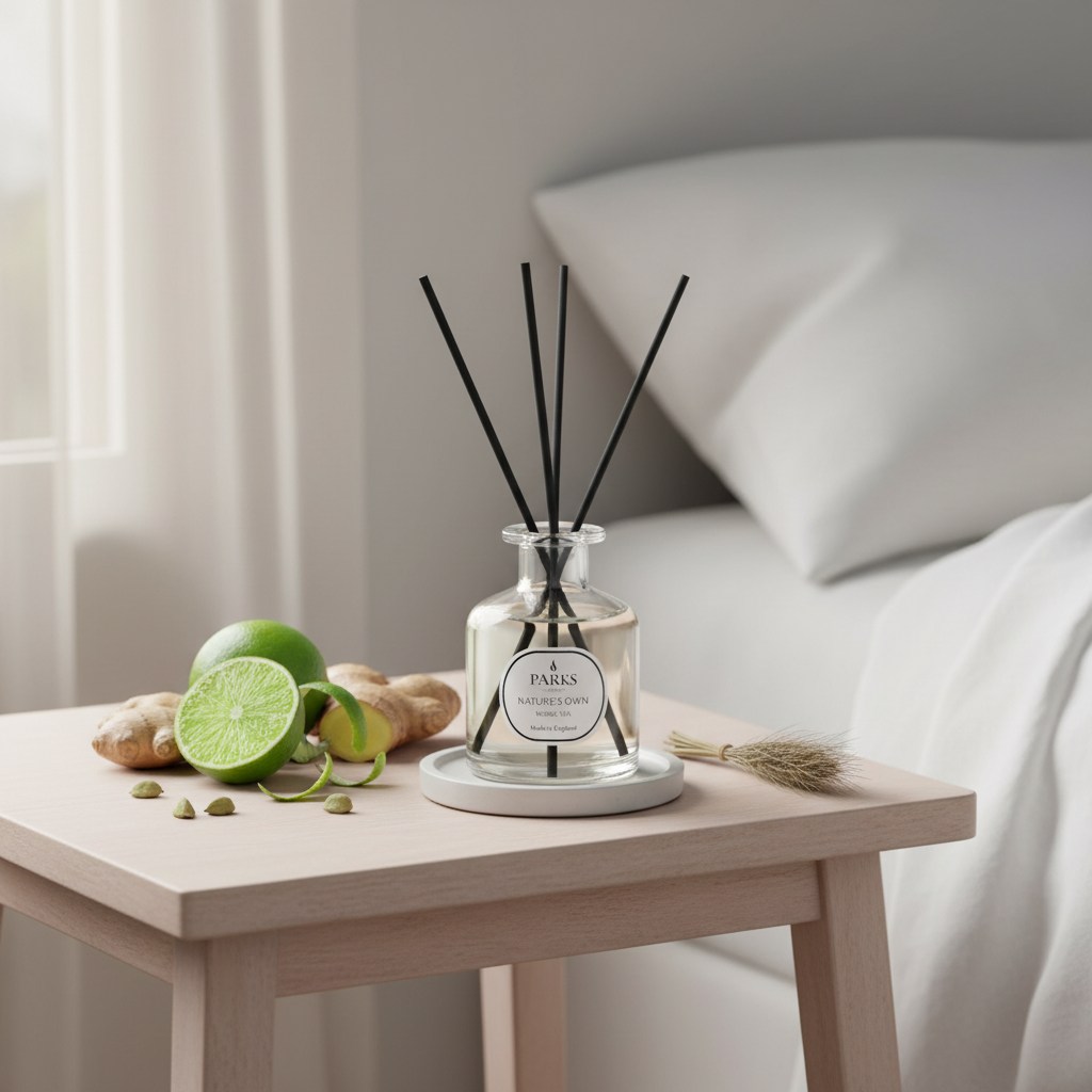 Diffuser with reeds on a table next to limes and ginger, with a neutral background