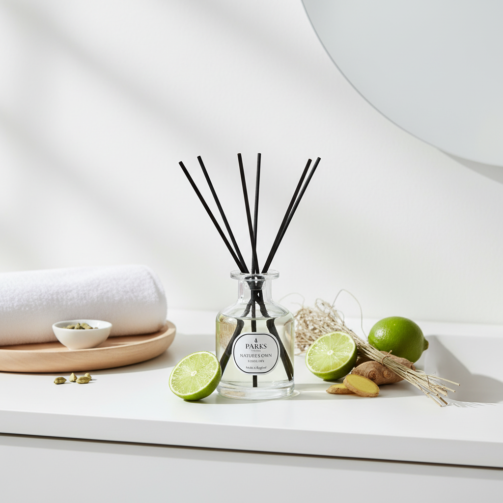 Diffuser with black sticks on a white surface with limes and a towel in the background
