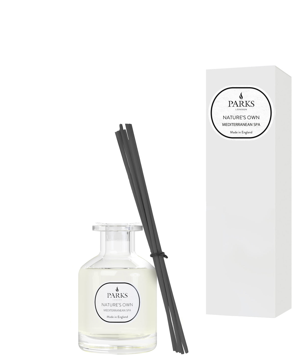 Parks diffuser set with bottle, sticks, and packaging on a white background