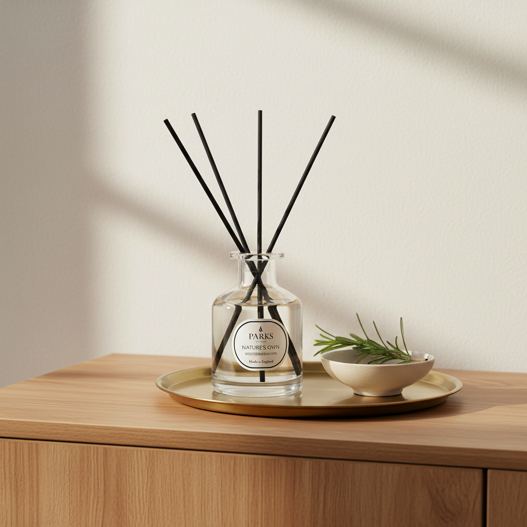 Diffuser with black sticks on a wooden surface with a neutral background