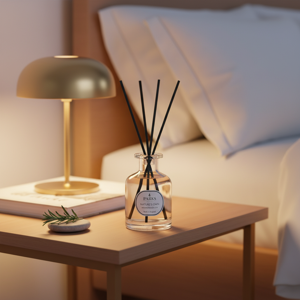 Diffuser with reeds on a bedside table next to a lamp and books, with a cozy bedroom setting.