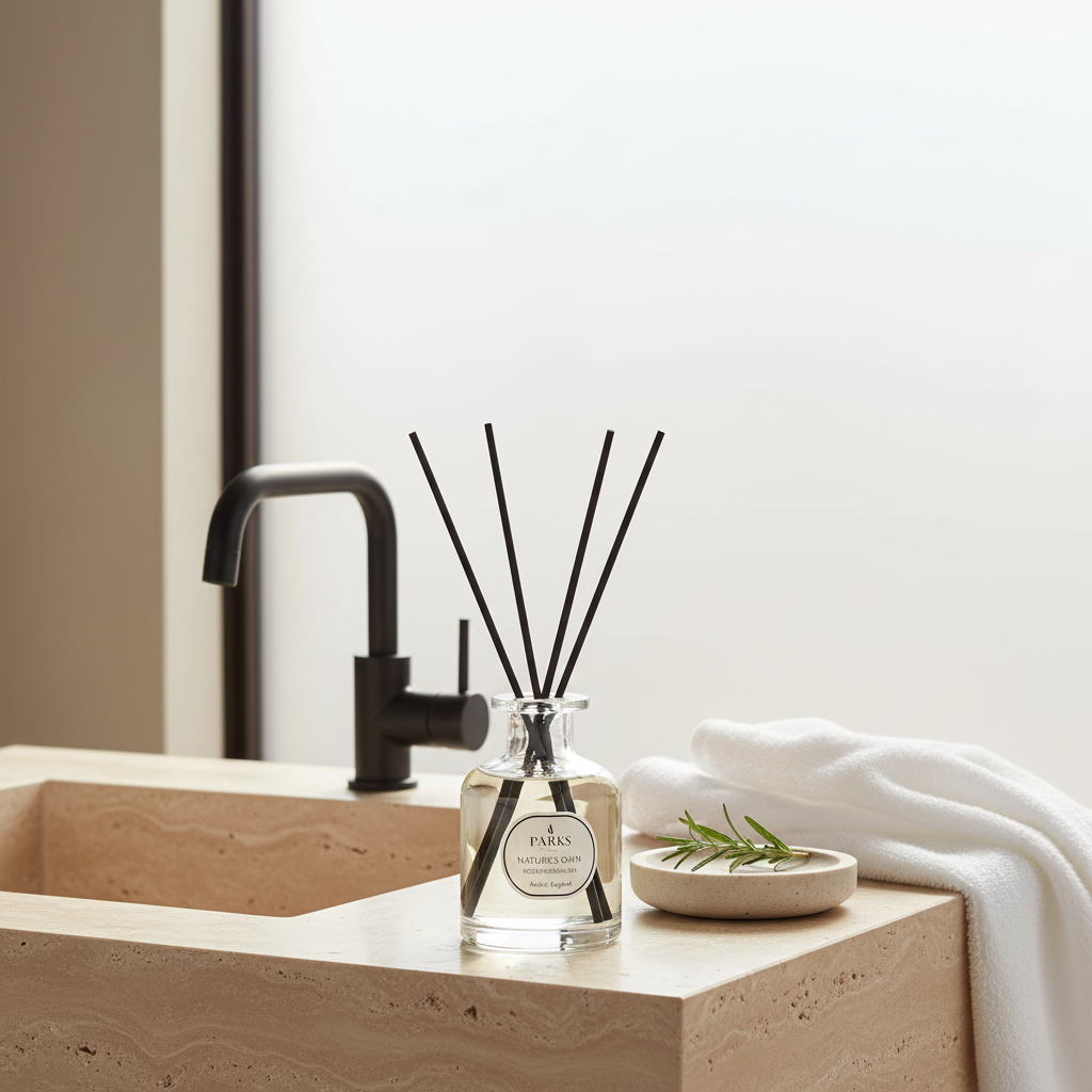 Diffuser with black sticks on a bathroom counter with a sink and towel in the background