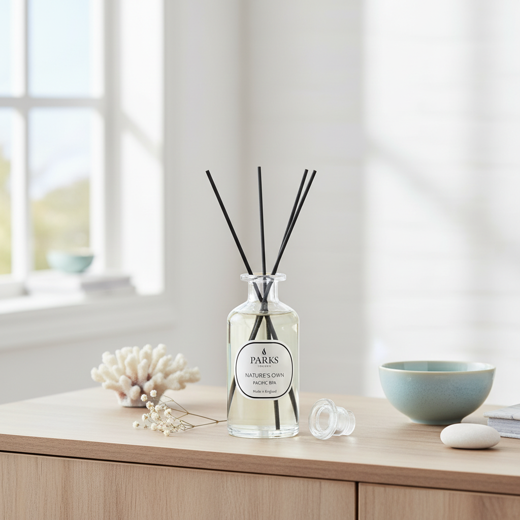 Diffuser with black sticks on a wooden surface with a blurred background