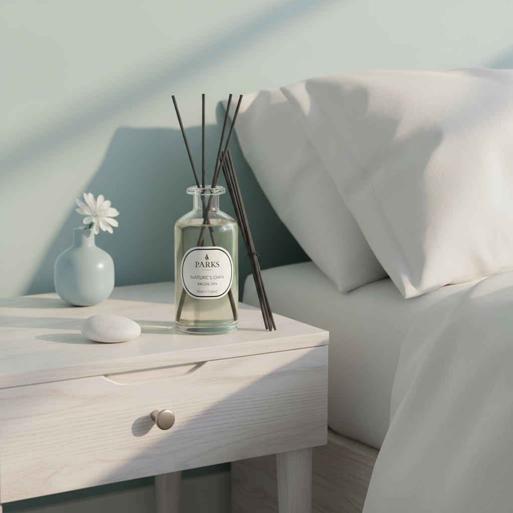 Diffuser with sticks on a nightstand next to a bed