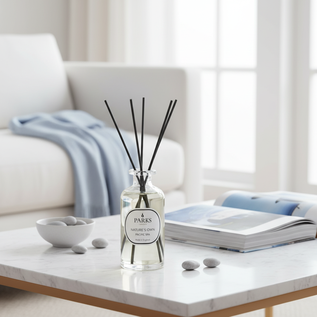 Diffuser bottle on a coffee table with a couch and window in the background