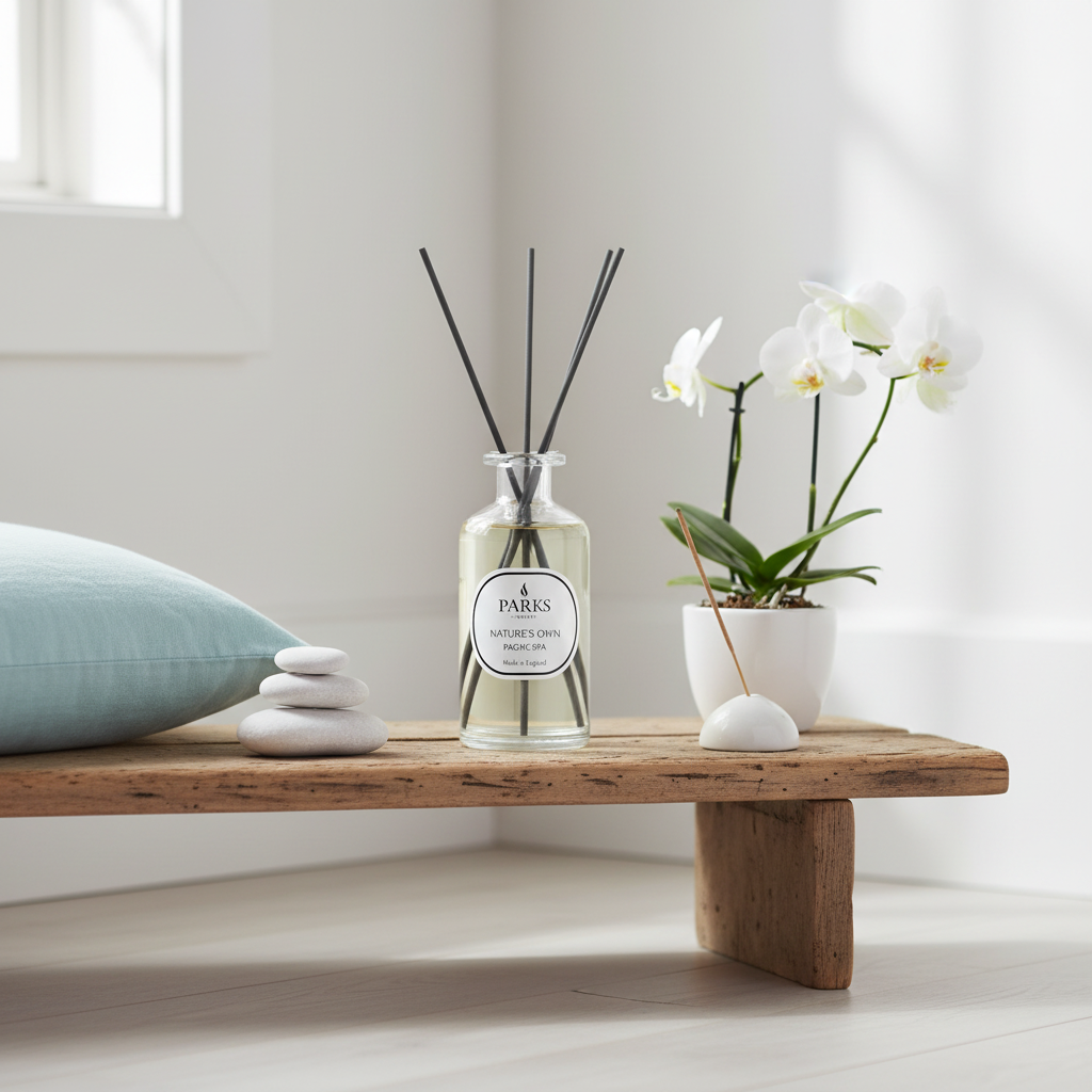 A wooden bench with a diffuser, plant, and decorative stones in a minimalistic room.