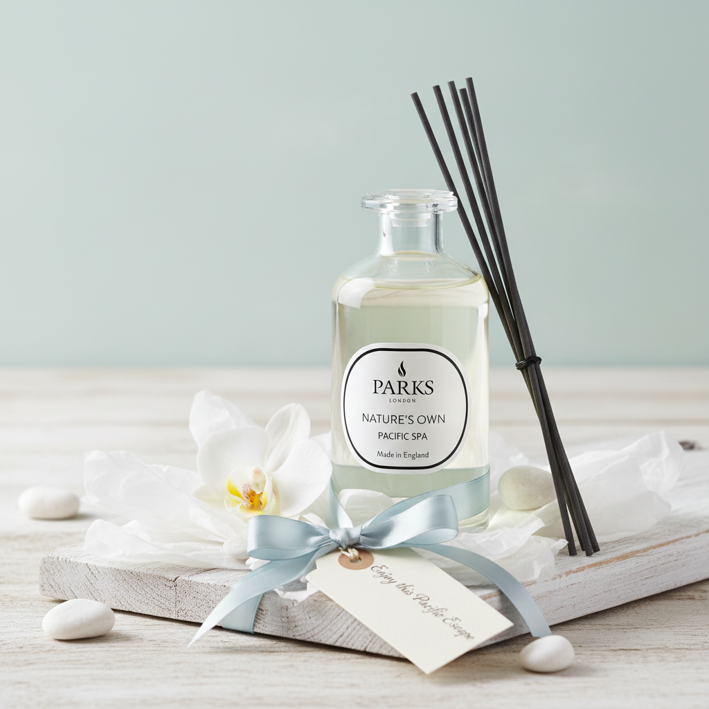 Parks diffuser bottle with reeds and decorative elements on a light surface
