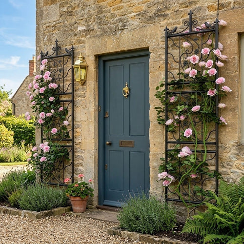 Blue door with floral trellises on a stone building