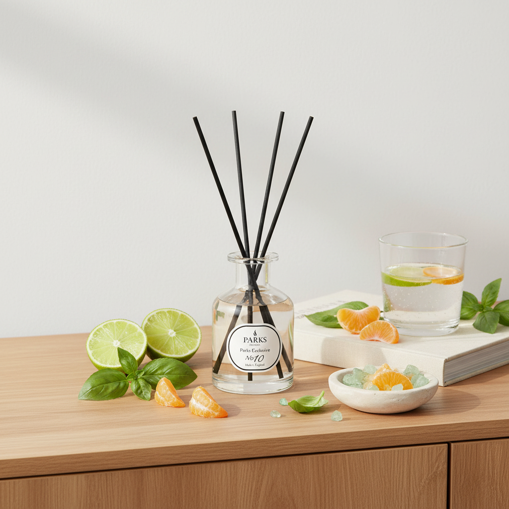 Diffuser with black sticks on a wooden surface with limes and oranges
