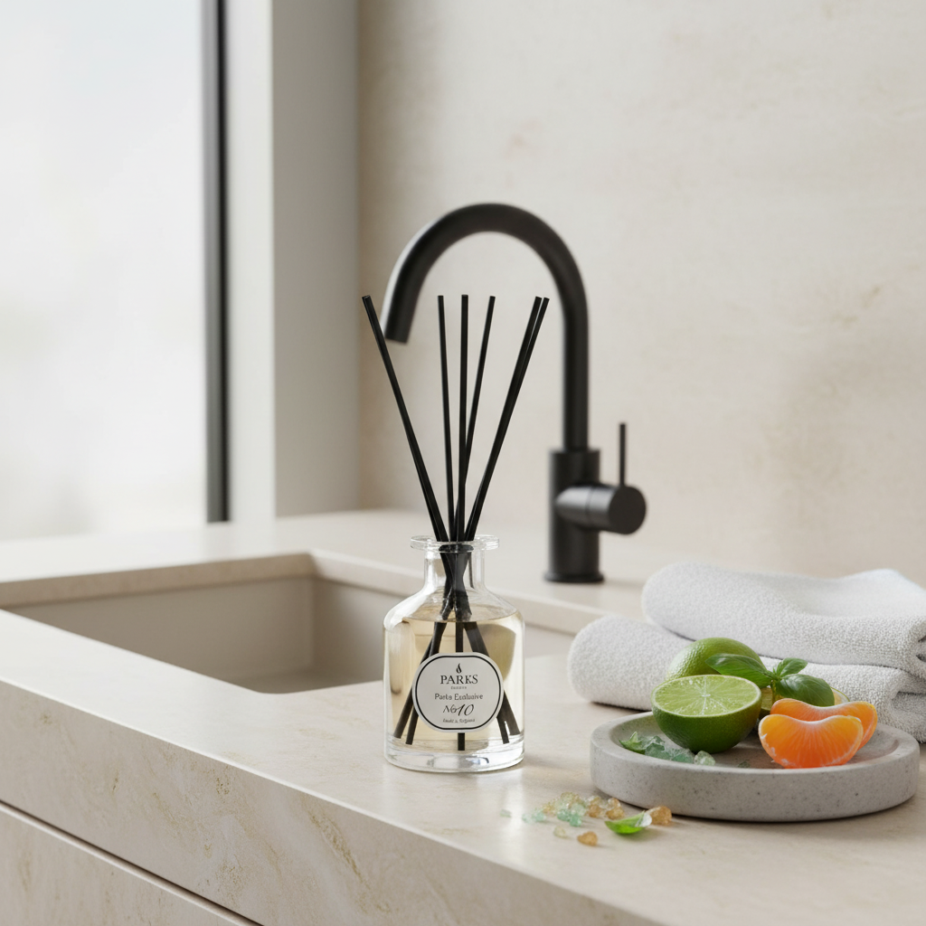 Diffuser with black sticks on a bathroom counter with a sink and towel in the background