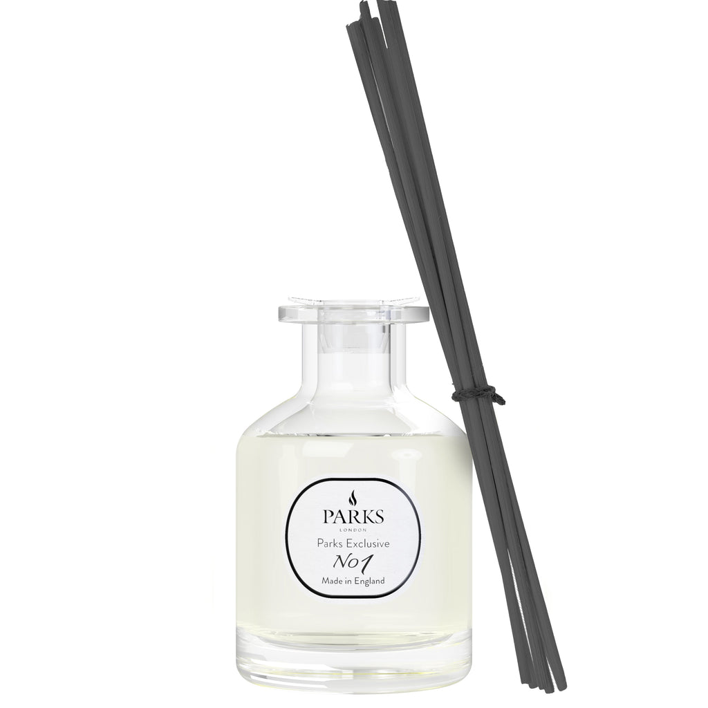 Parks diffuser bottle with black reeds on a white background