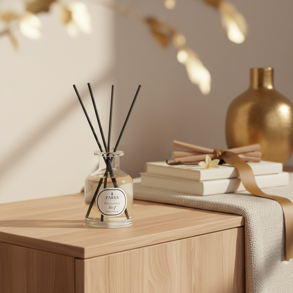 Diffuser with black sticks on a wooden surface with books and a gold vase in the background