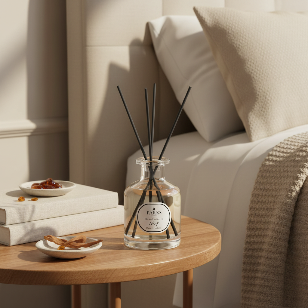 PARKS diffuser on a wooden table with books and snacks in a cozy living room setting
