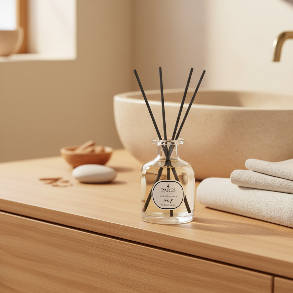Diffuser with reeds on a bathroom counter with a bowl, soap, and towel in the background.