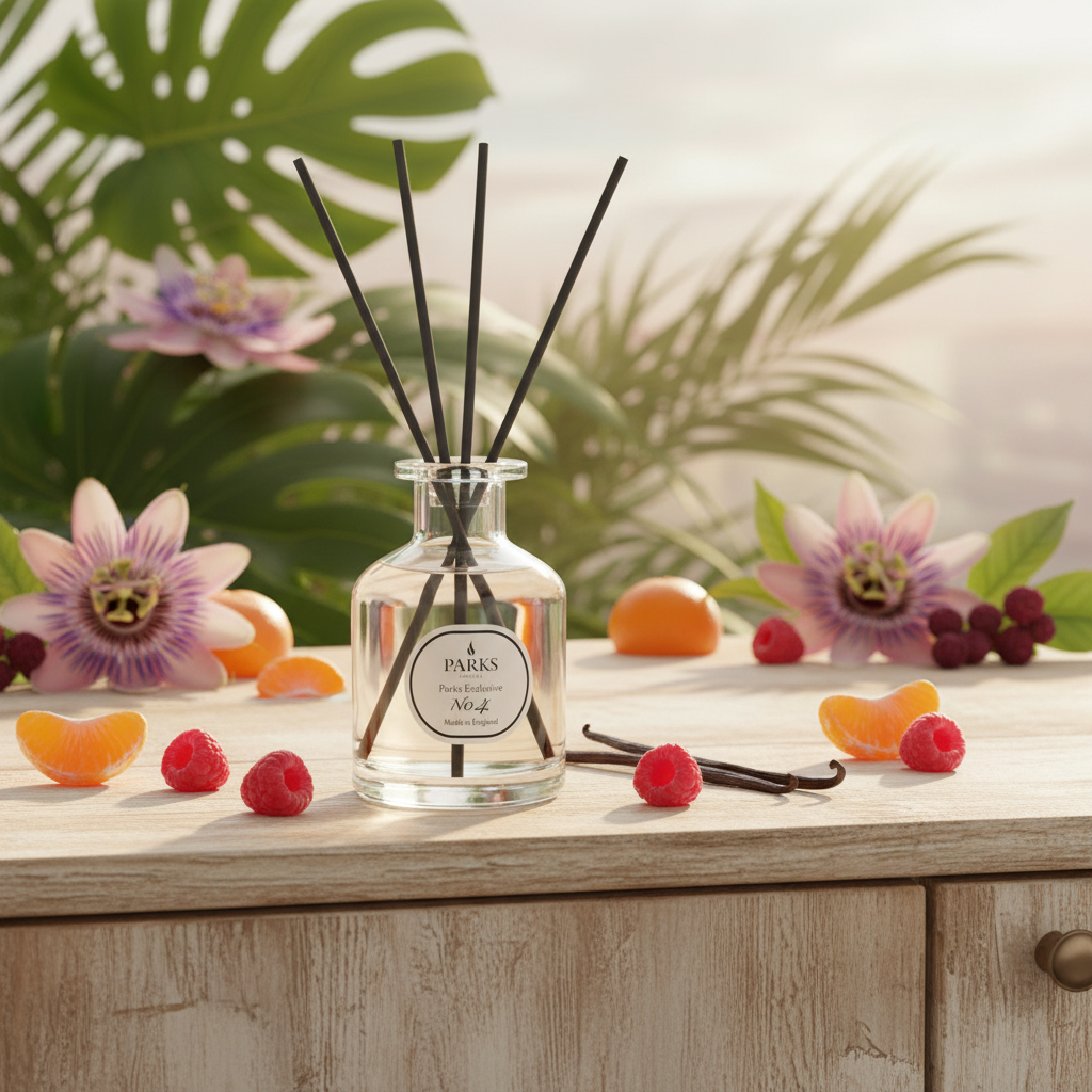 Diffuser bottle with reeds on a wooden surface with fruits and flowers in the background