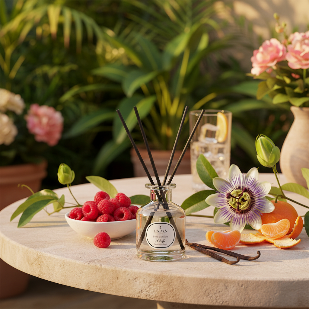 A reed diffuser bottle on a table with fruits, flowers, and plants in the background.