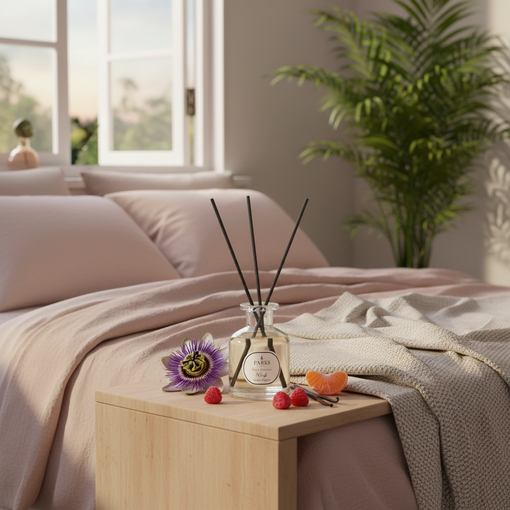 Decorative items on a wooden table in a bedroom with a bed and window in the background