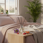 Decorative items on a wooden table in a bedroom with a bed and window in the background