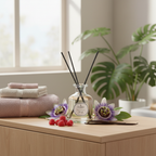 Diffuser with reeds on a wooden surface with flowers and berries, in a bright room.