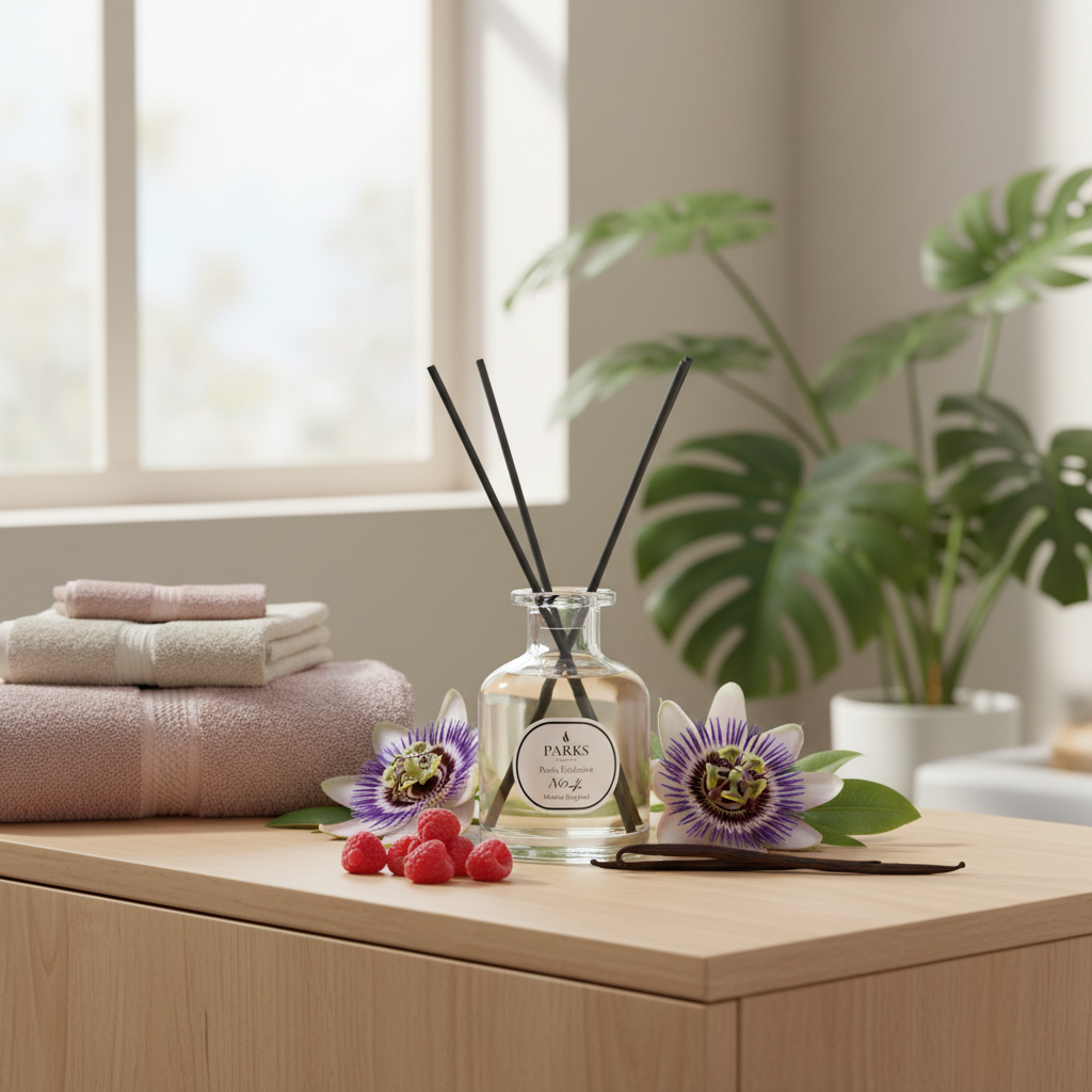 Diffuser with reeds on a wooden surface with flowers and berries, in a bright room.