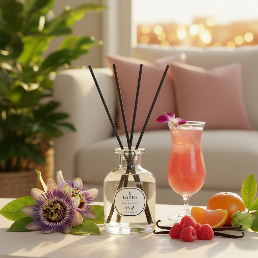 Aromatherapy diffuser with reeds, a cocktail, and fruits on a table with a blurred background of a living room.