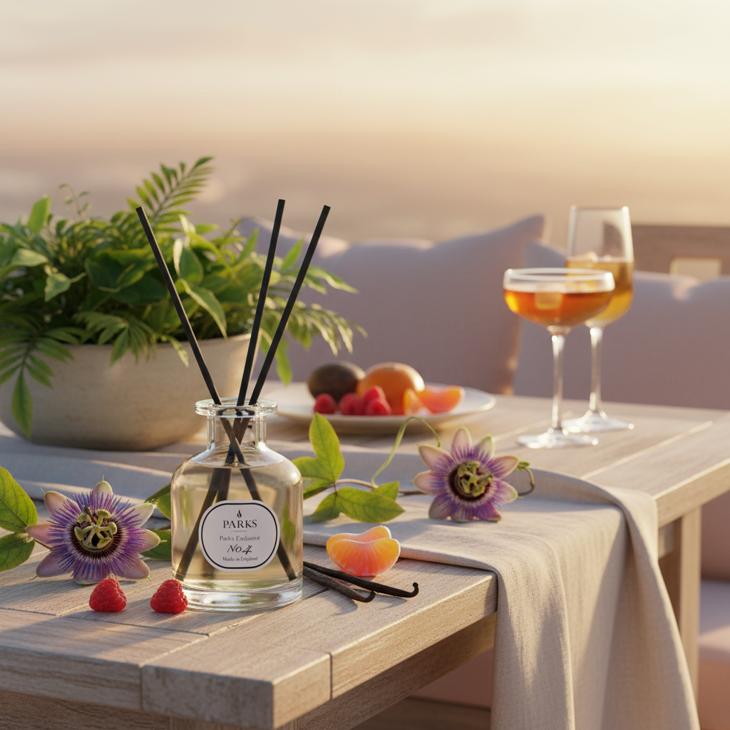 A diffuser bottle with reeds on a table with a glass of wine and fruits, set against a sunset.
