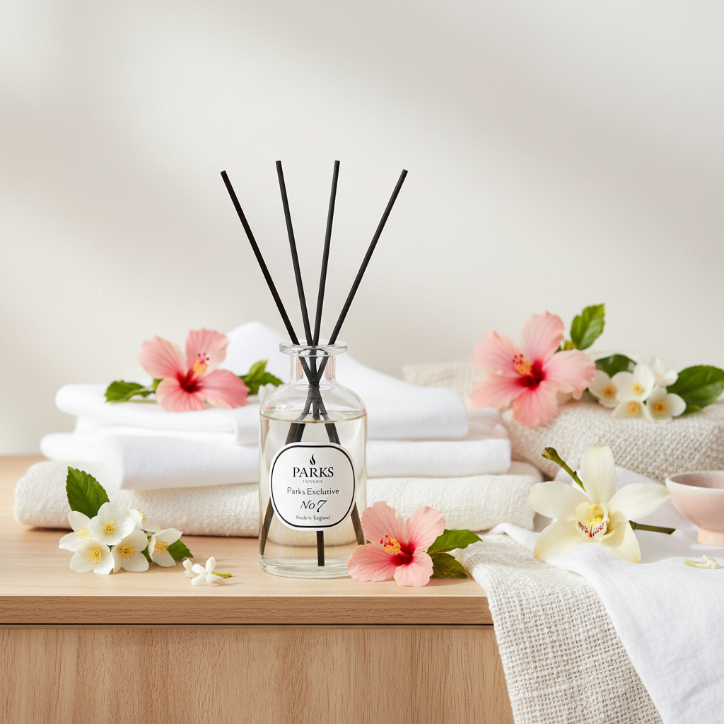 Reed diffuser with flowers and towels on a wooden surface