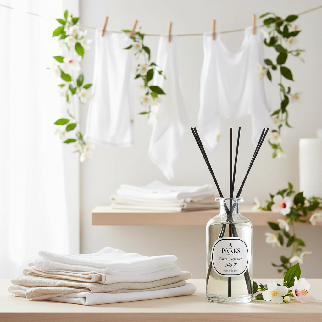Diffuser with black sticks on a table with white towels and floral decorations in the background