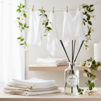 Diffuser with black sticks on a table with white towels and floral decorations in the background
