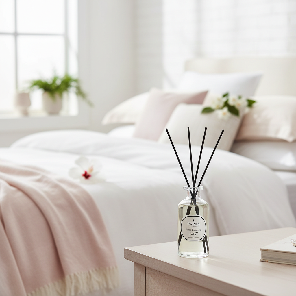 Diffuser bottle on a table with a blurred background of a cozy living room.